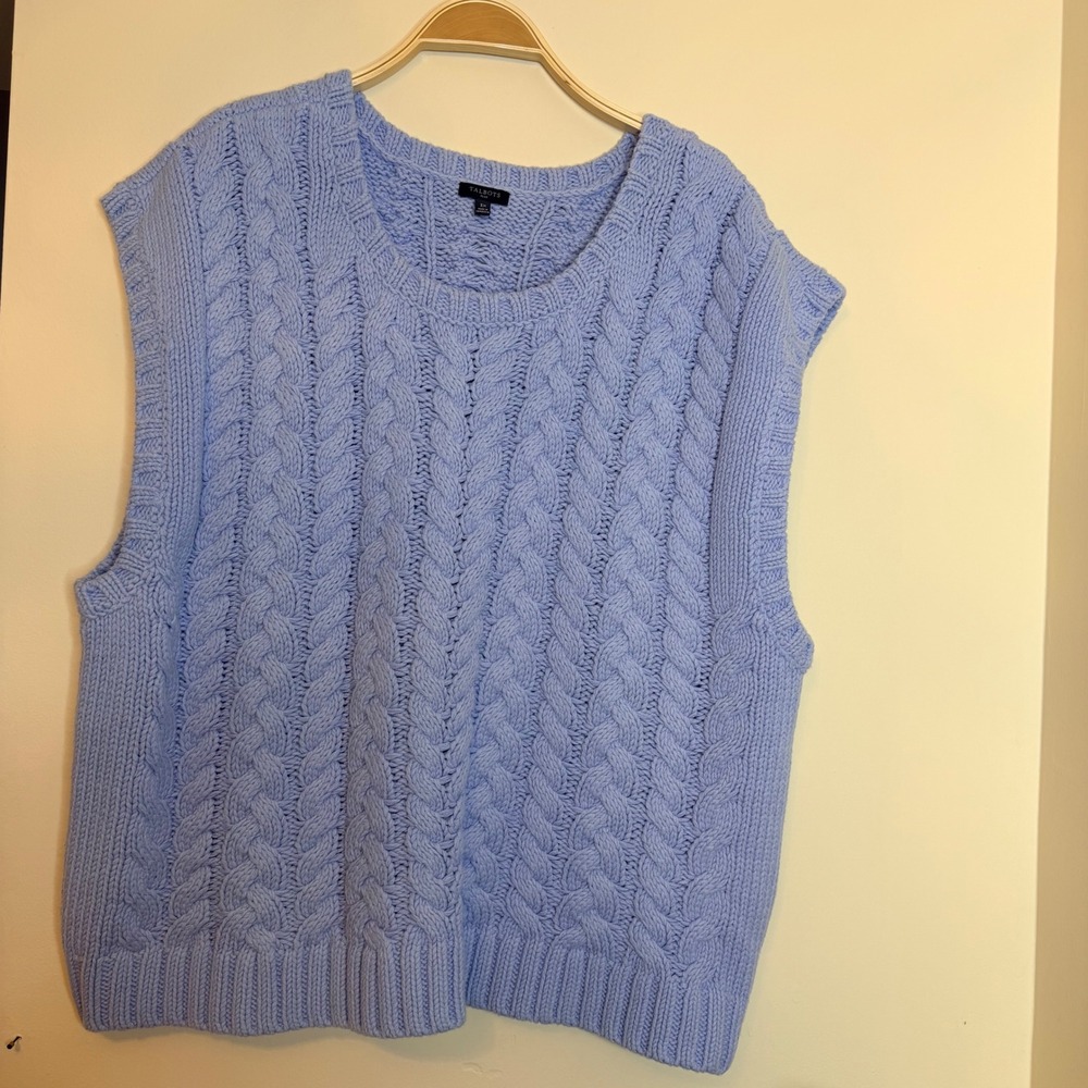 Talbots Cable Knit Sweater Vest Women 3X Blue Cotton Sleeveless Soft Cottagecore